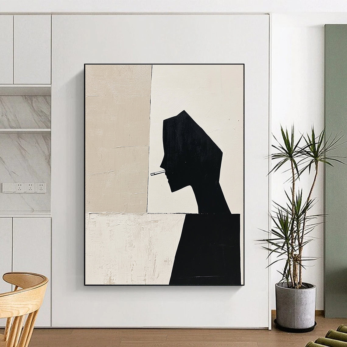 Large abstract painting featuring a black silhouette of a woman's body in profile with geometric shapes and minimalistic deconstructed tailoring in a monochromatic palette.STSC1486