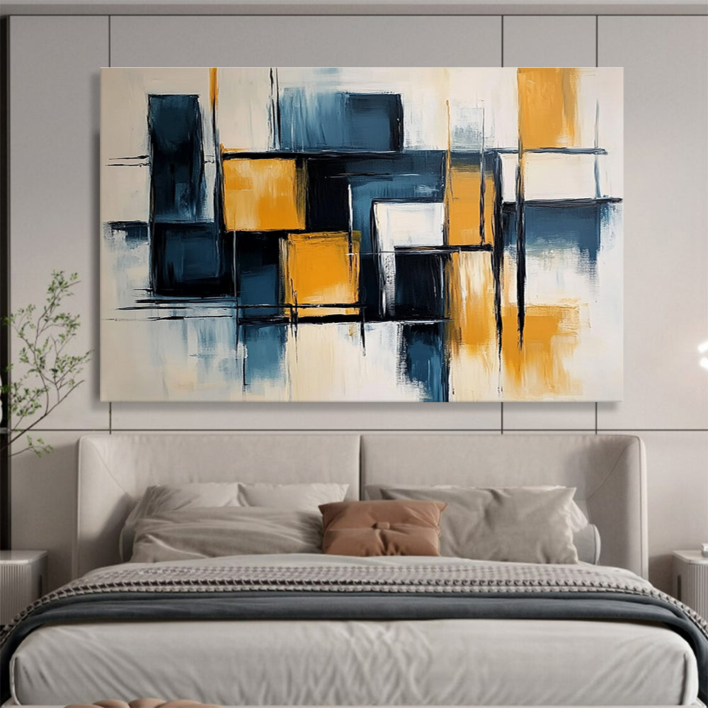 Large abstract painting with light blue and dark yellow color blocks, elegant black lines, geometric shapes, and a touch of orange on a white background.SC591