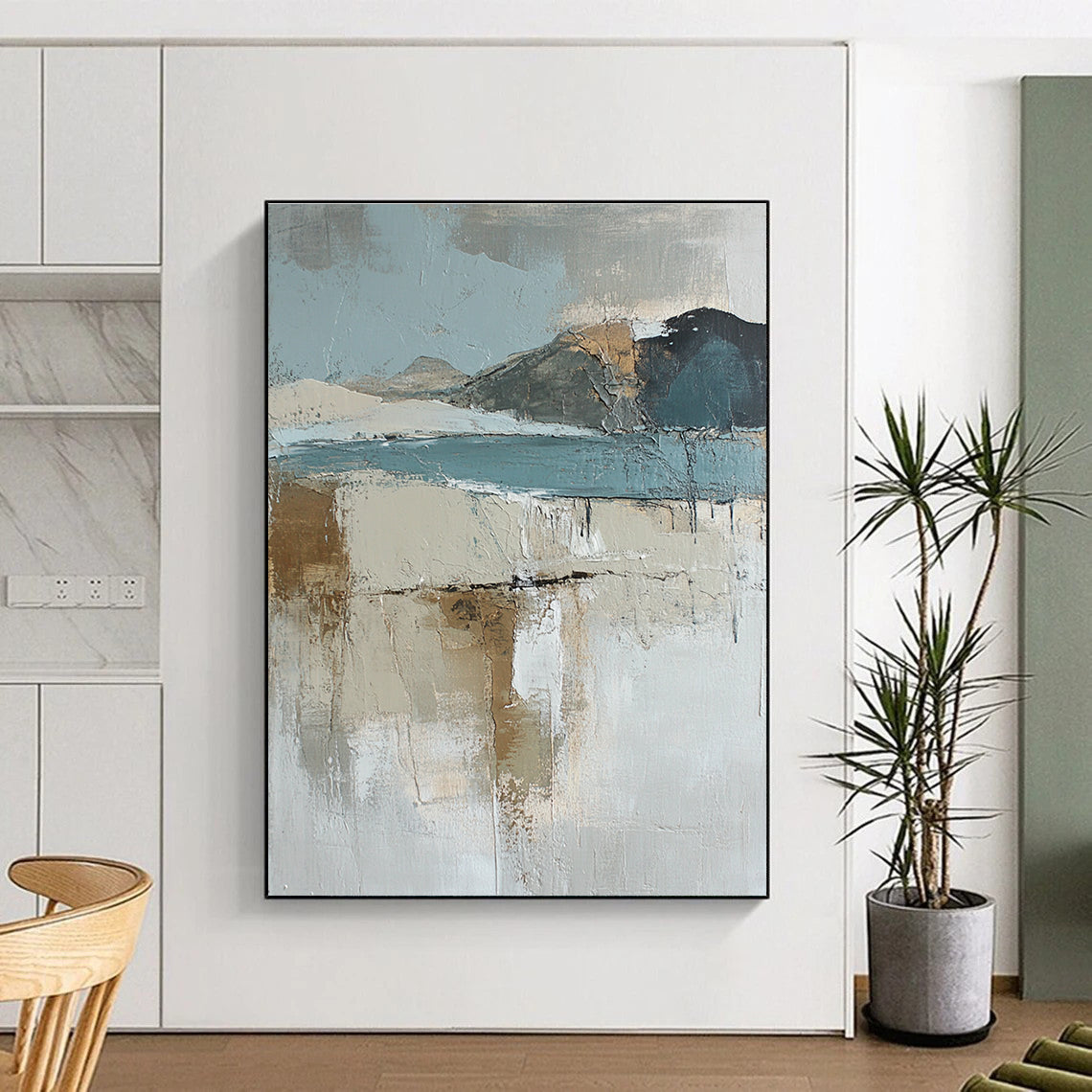 Large abstract oil painting of an Arctic landscape featuring muted earth tones and blue hues enhanced by textured brush strokes.STSC145