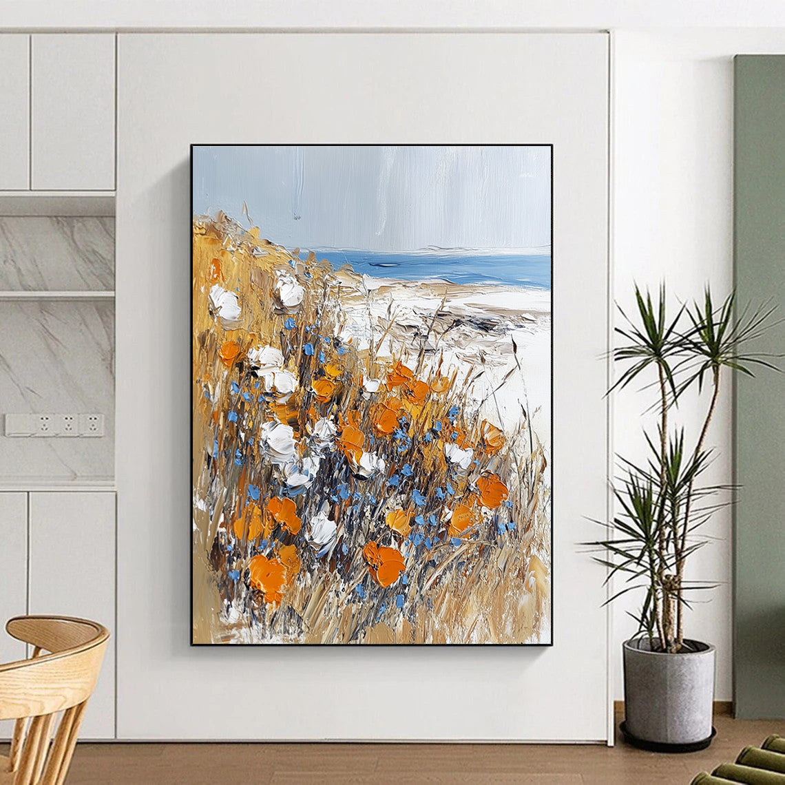Abstract painting featuring impasto technique with meadow flowers on the beach in white orange and light blue hues.STSC1369