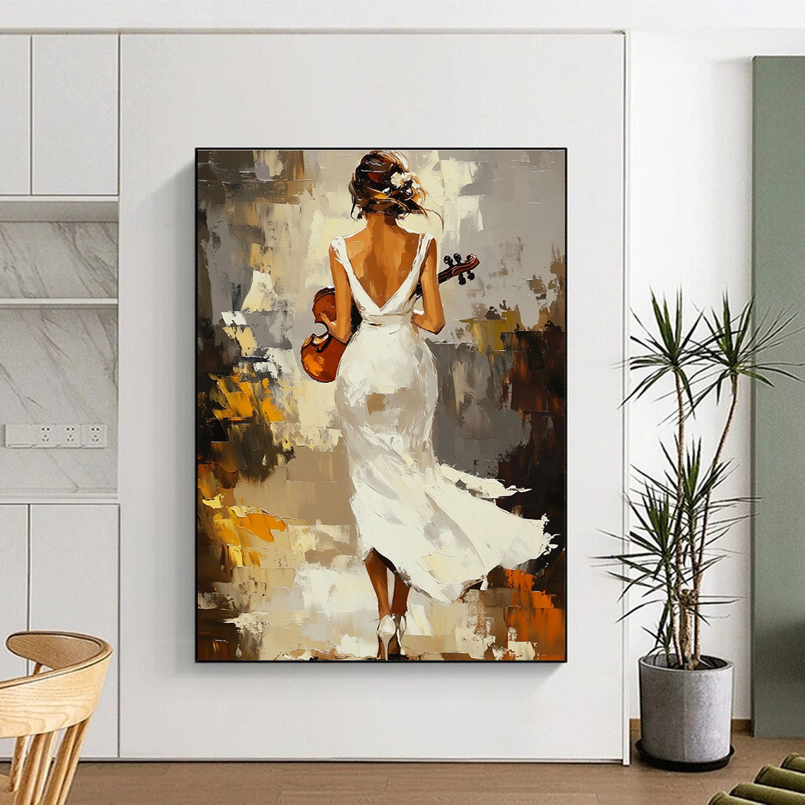 Abstract painting of an elegant woman in a flowing white dress holding a violin amidst warm impressionist scenery with visible brush strokes.STSC1379