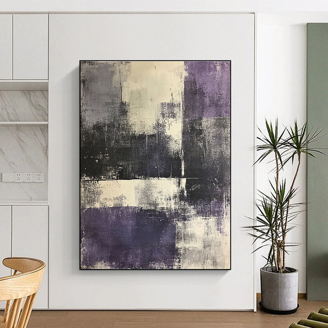 Large abstract painting in shades of gray and purple featuring an urban landscape with white elements on textured paper.STSC622
