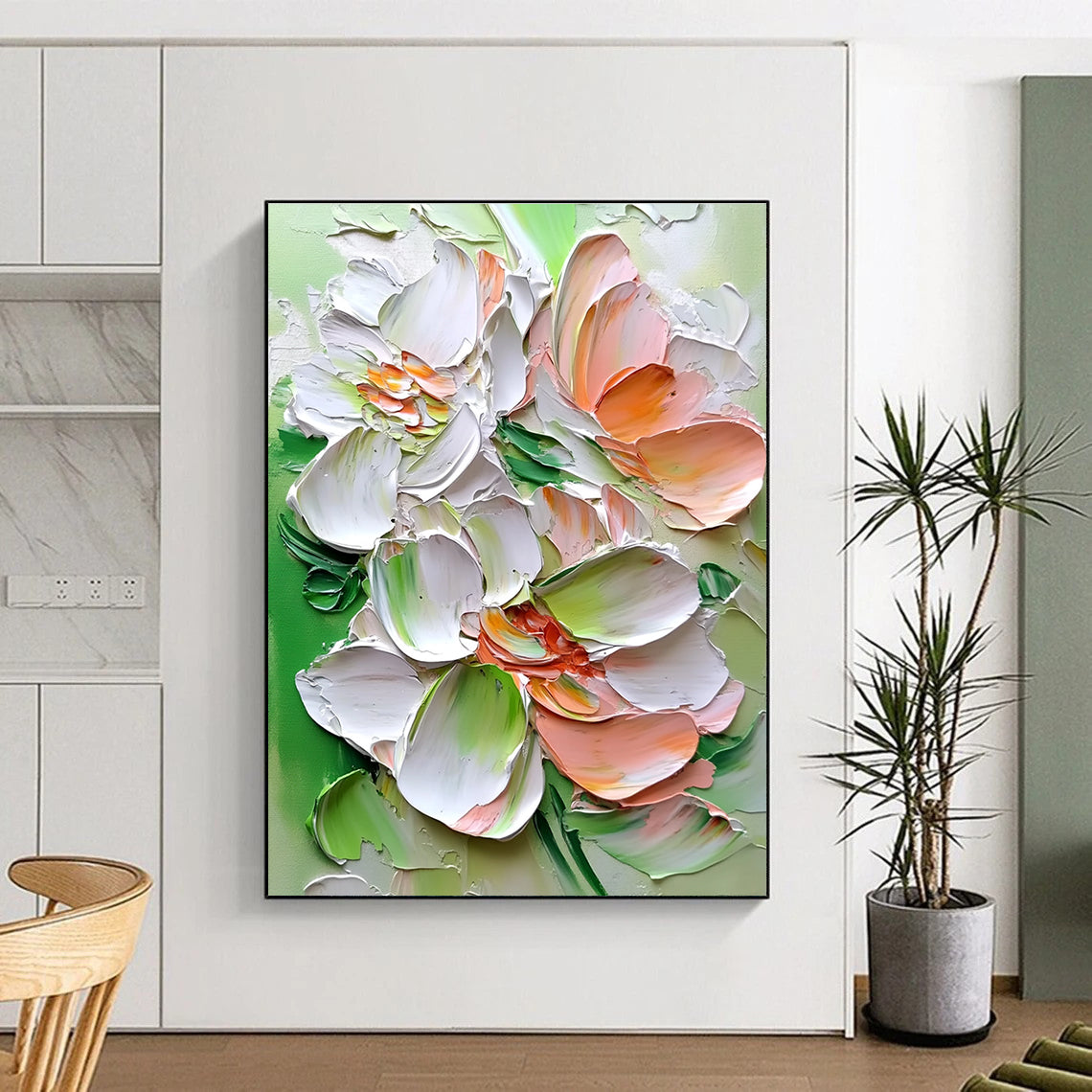 Large abstract painting with thick brushstrokes featuring super-detailed flowers in white pink and green colors for a vibrant artistic expression.STSC1401