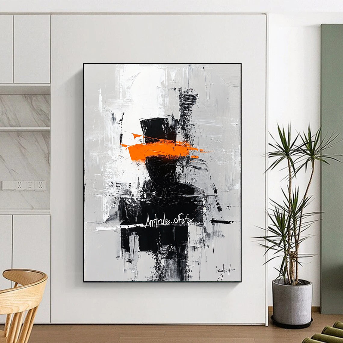 Bold abstract painting featuring a silhouette in an orange top hat with Ant rule.offer graffiti on a contrasting gray brushstroke background.STSC227