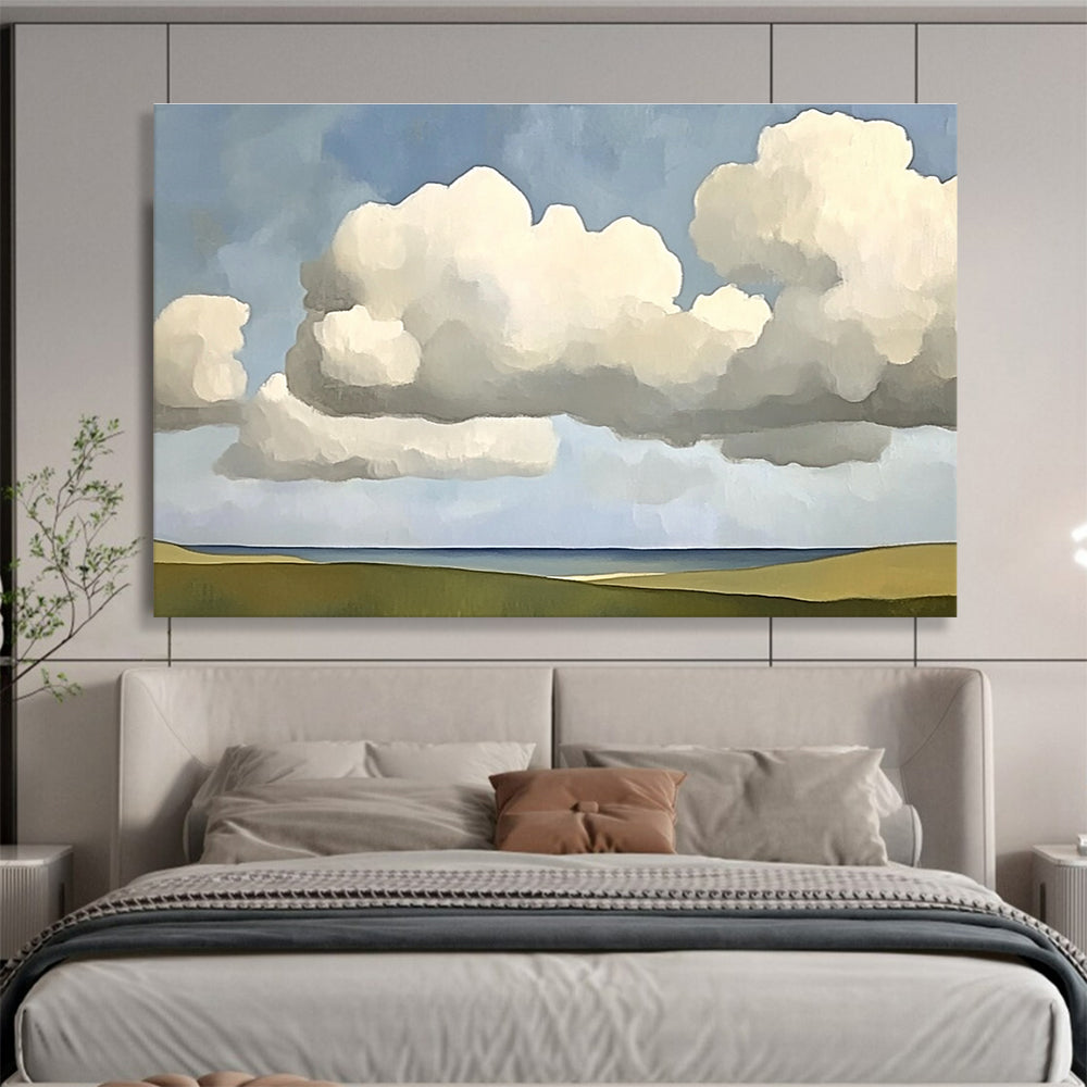 Large abstract painting of clouds in the sky inspired by Fairfield Porter featuring soft hues and fluid forms that evoke tranquility.SC601