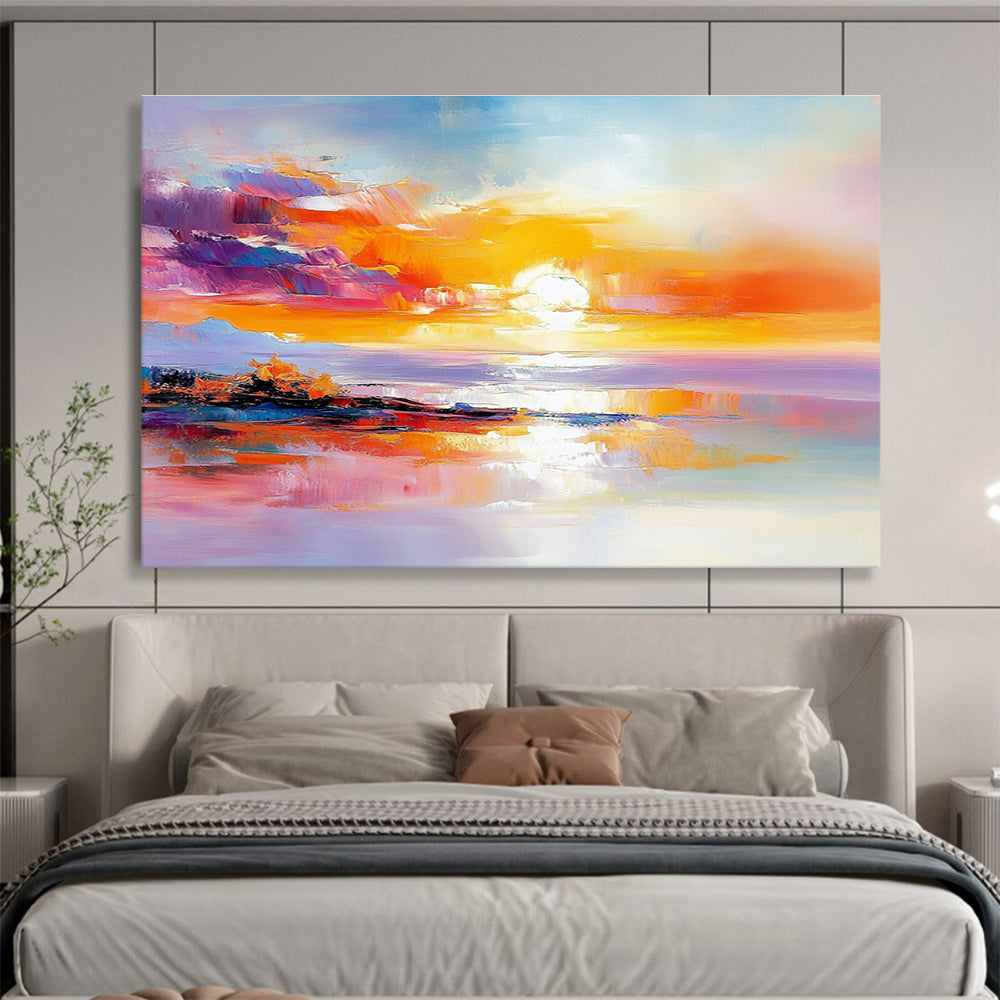 A large abstract painting featuring a stunning sunset with warm colors reflecting on water and a distant island, evoking tranquility and calmness.SC422