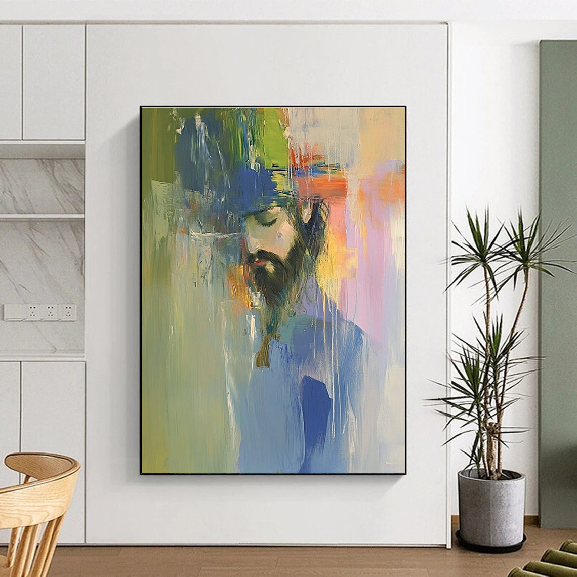 A large abstract oil painting of Jesus in vibrant colors, inspired by Richard Schmid and Peter Wileman, featuring a color field composition.STSC593