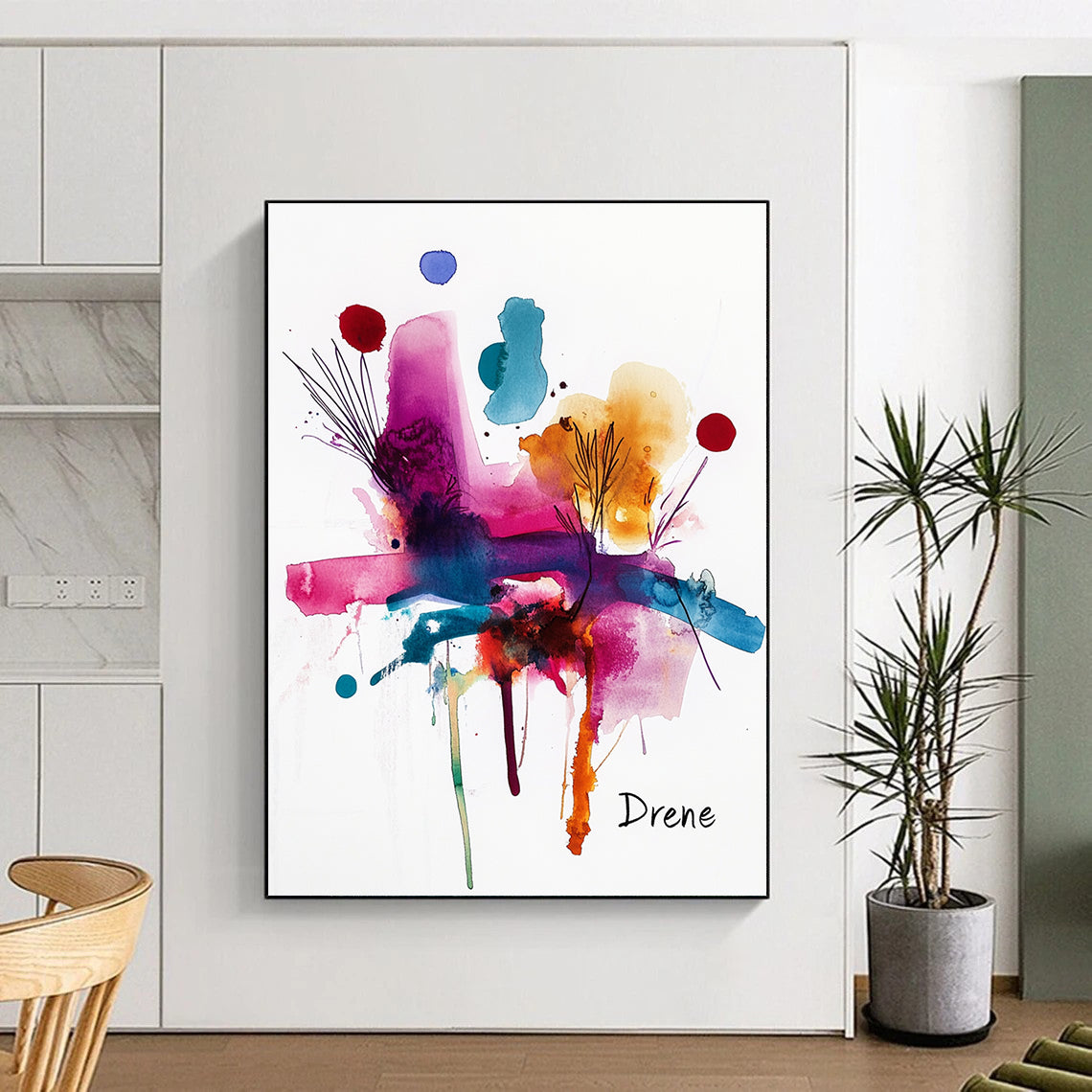 Large abstract watercolor painting featuring vibrant colors and shapes with the word Drene in black ink at the bottom right corner.STSC500