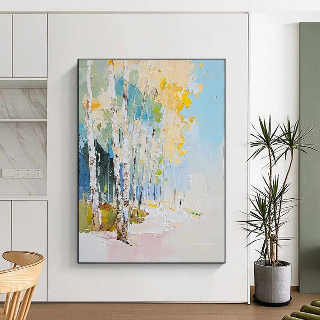 Large abstract oil painting of birch trees with a light blue sky white yellow leaves and white snow featuring impasto brushstrokes.STSC180