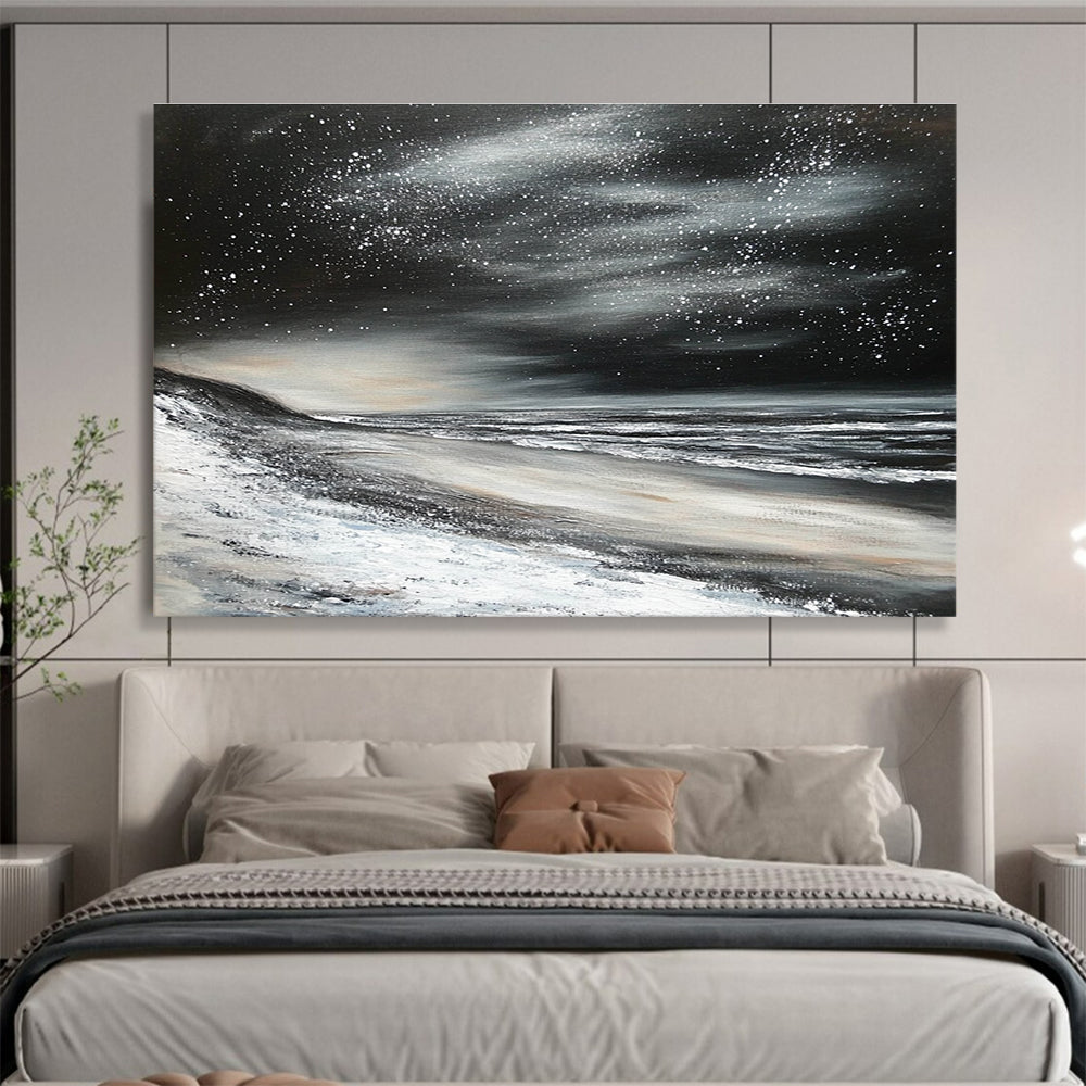 Starry Night Beach Abstract Painting in Black and White DYP453