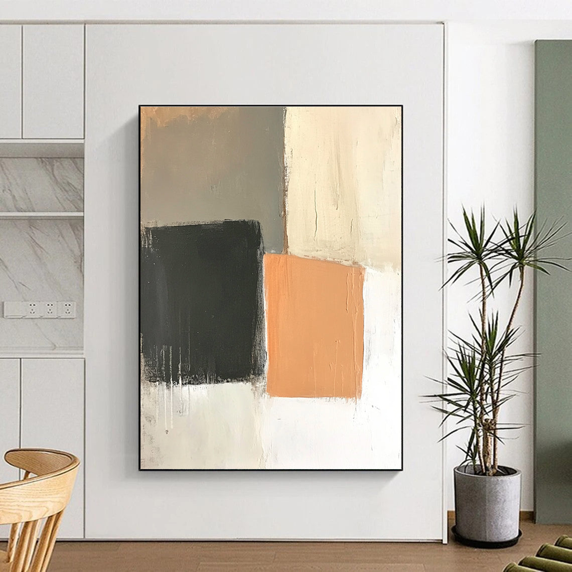Abstract painting featuring an off-white wall with light orange and dark gray squares in a muted color palette and loose brushstrokes.STSC654