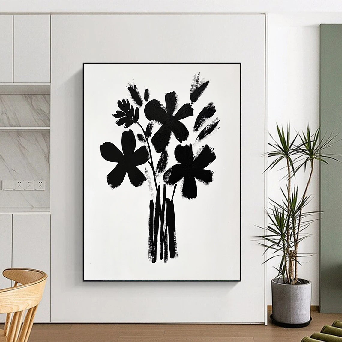 A large abstract painting featuring a bouquet of flowers in black brush strokes on white paper inspired by Matisse and Hockney's minimalistic styles.STSC925