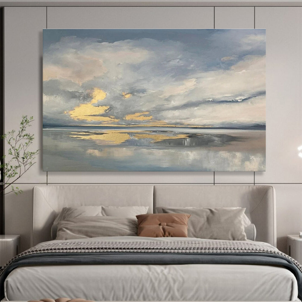 Dramatic Sky and Water Abstract Painting with Grey and Golden Hues THY255