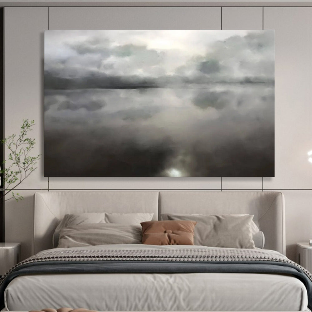 Monochrome Lake Abstract Painting with Cloud Reflections THY124
