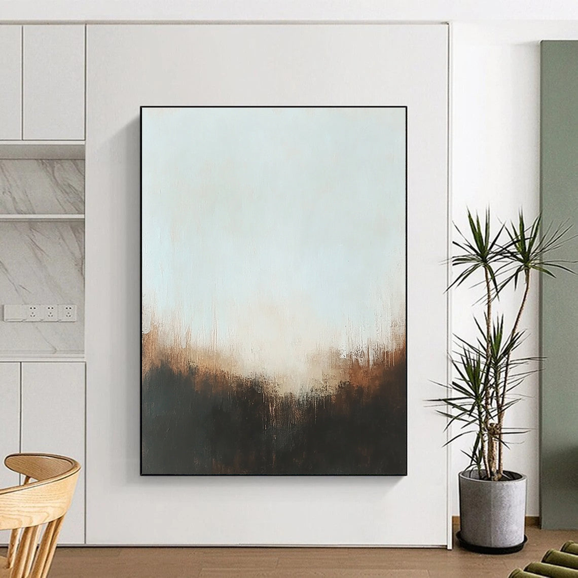 Large abstract painting with muted colors and soft edges featuring a foggy atmosphere and hints of gold accents in a low-key lighting.STSC099