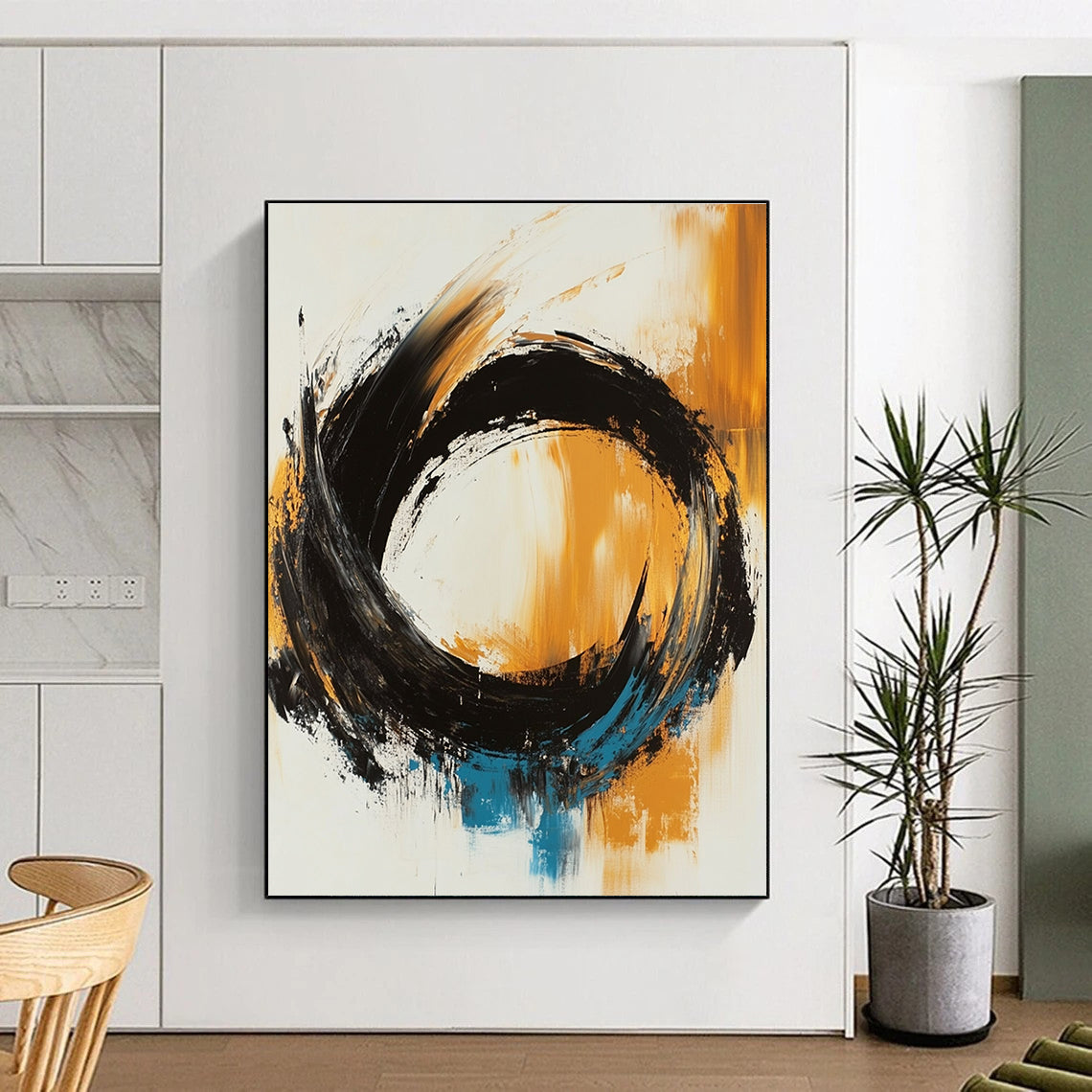 Black Orange Blue Abstract Painting with Dynamic Swirls GER767