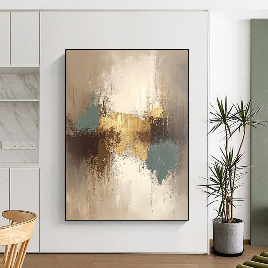 Gold and Teal Abstract Painting with Subtle Sparkle GER562