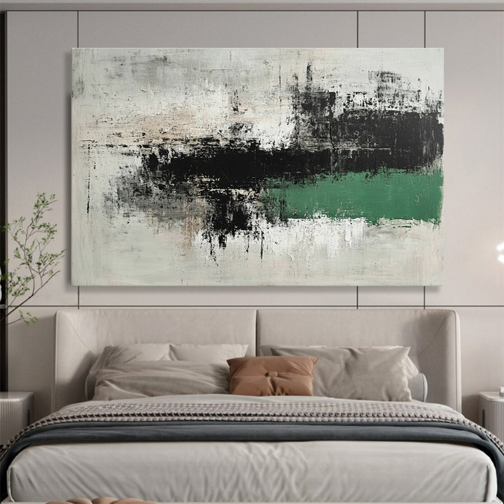 Large abstract painting in gray and green with thick brushstrokes minimalist landscape style and textured calm Zen atmosphere on dark background.SC220