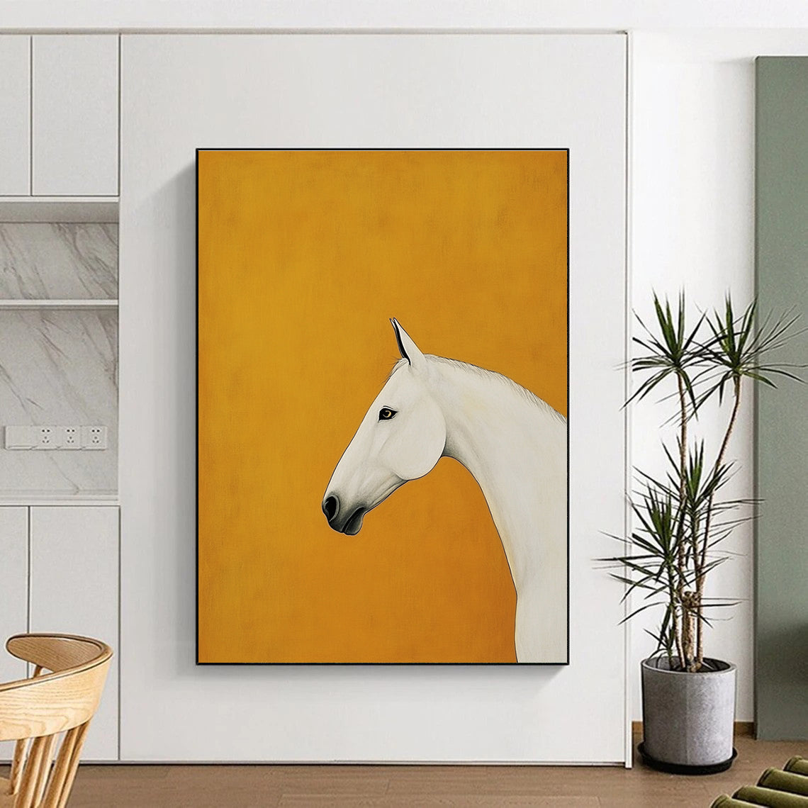 A large abstract painting featuring a minimalist white horse in profile against an orange background inspired by Kazumasa Nagai and Egon Schiele.STSC1348