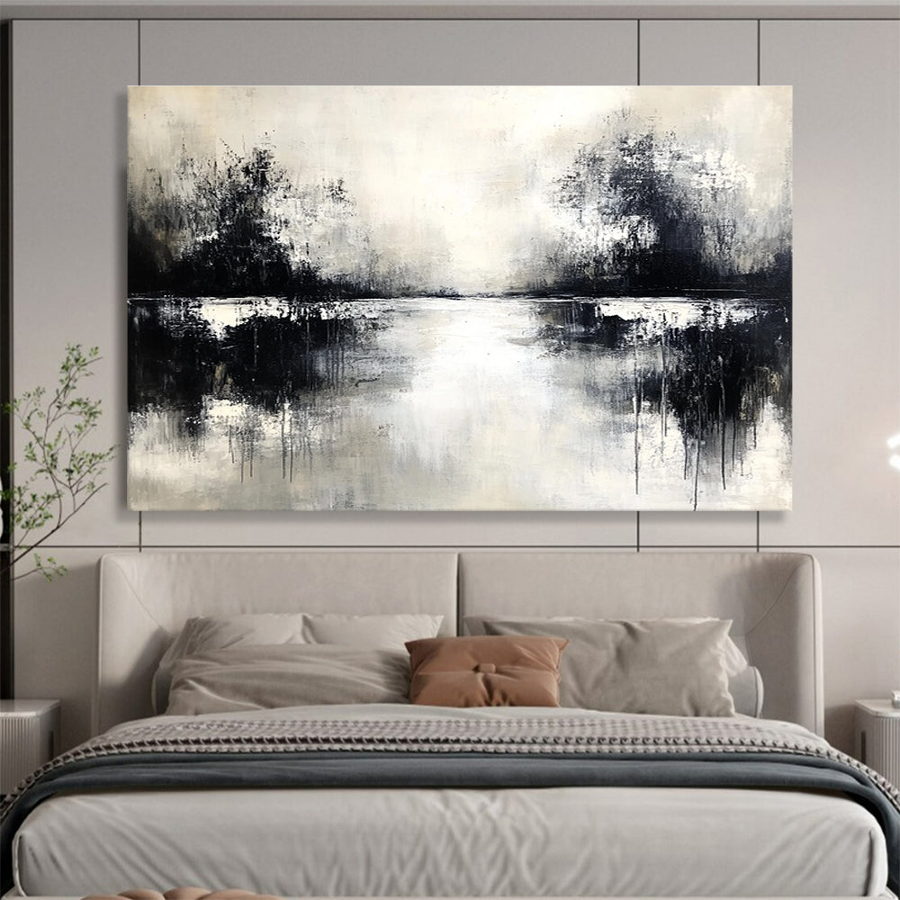 An abstract painting in black and white with neutral tones soft edges on canvas featuring atmospheric elements and a serene water reflection.SC056