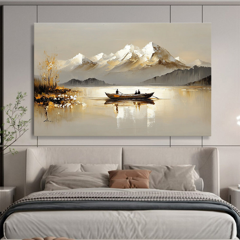 Lake and Snowy Peaks Serene Abstract Painting with Neutral and White Tones DYP605