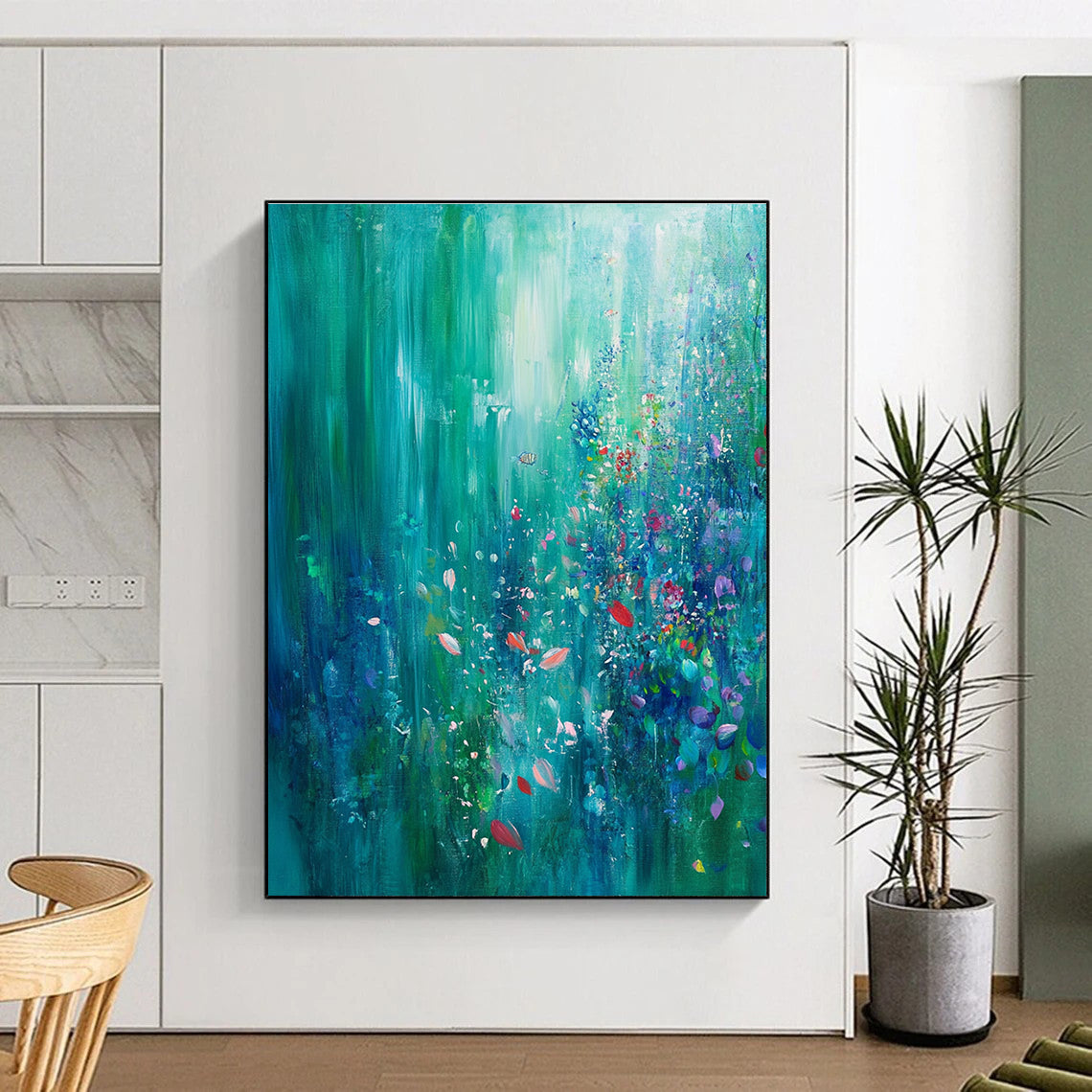 Large abstract painting of an underwater garden with turquoise emerald hues coral reef soft light small fish and colorful bubbles for a tranquil effect.STSC273