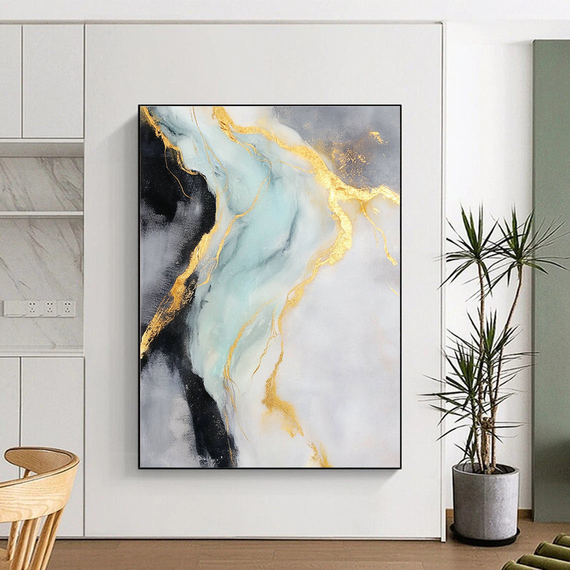 Gold Blue Gray Abstract Painting with Flowing Gold Lines GER740