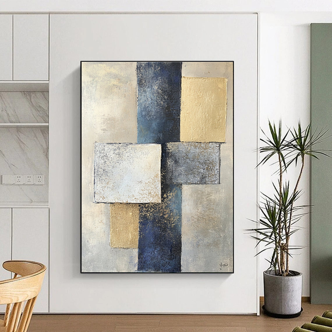 Abstract painting featuring two squares and one rectangle in varying shades of gray on textured paper with a beige and blue color palette.STSC715