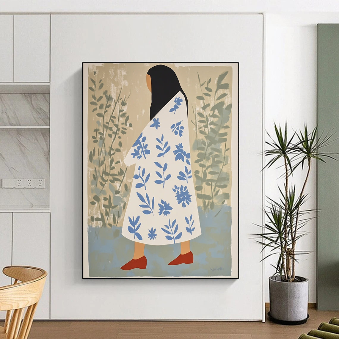 Abstract artwork featuring a woman in a floral robe with red shoes and long black hair against a beige and green background.STSC1260