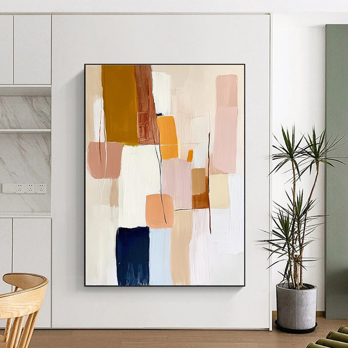 Large abstract painting featuring geometric shapes in pastel colors with textured brush strokes on a white background creating a harmonious composition.STSC755