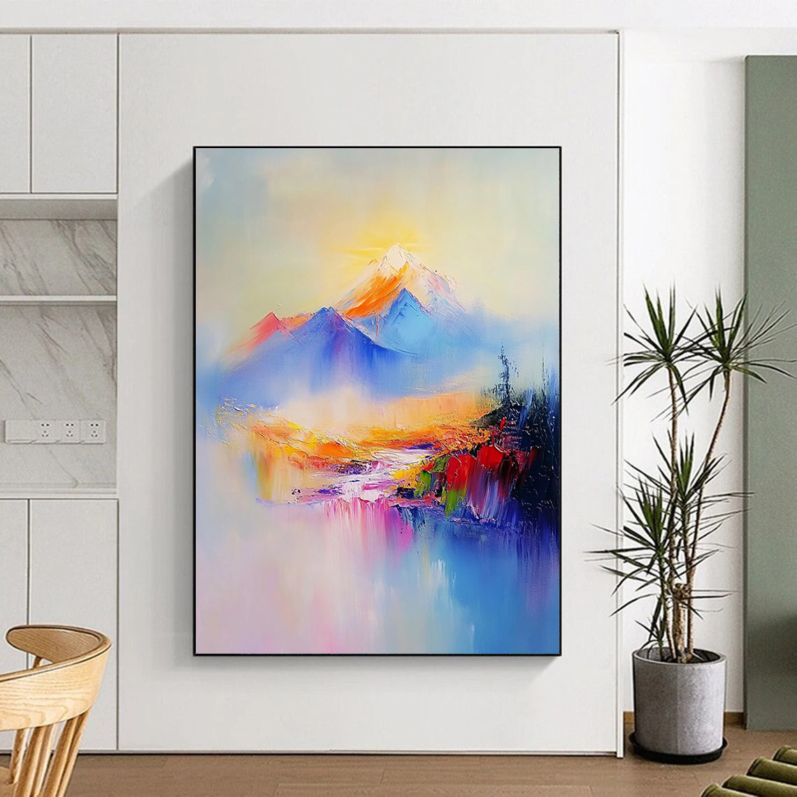 Abstract painting of Mount Redoubt featuring soft pastel colors gentle brush strokes light blue sky and a light purple river flowing through the valley.STSC323