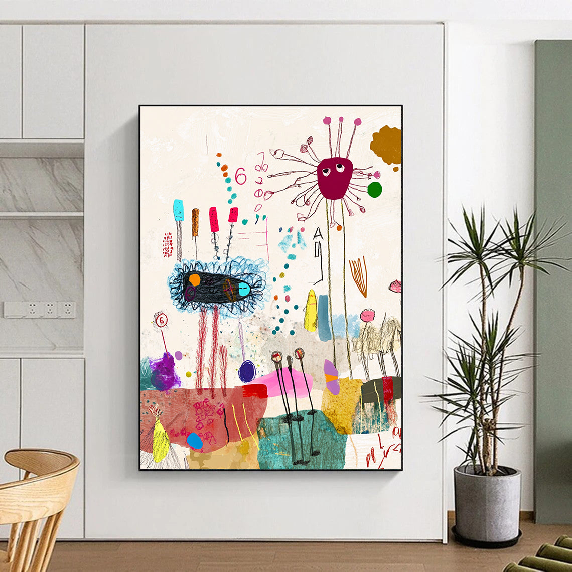 A large abstract painting featuring whimsical shapes and lines, soft pastels, and nature-inspired collages with a dynamic dancing group highlighted by the number six.STSC971