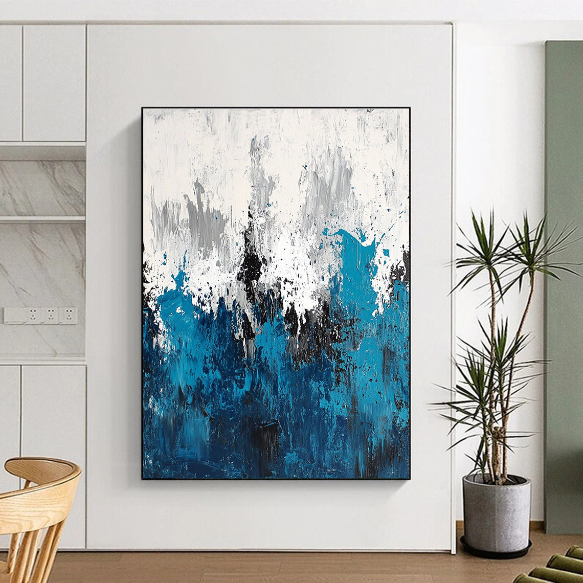 Blue and White Abstract Painting with Textured Layers GER572