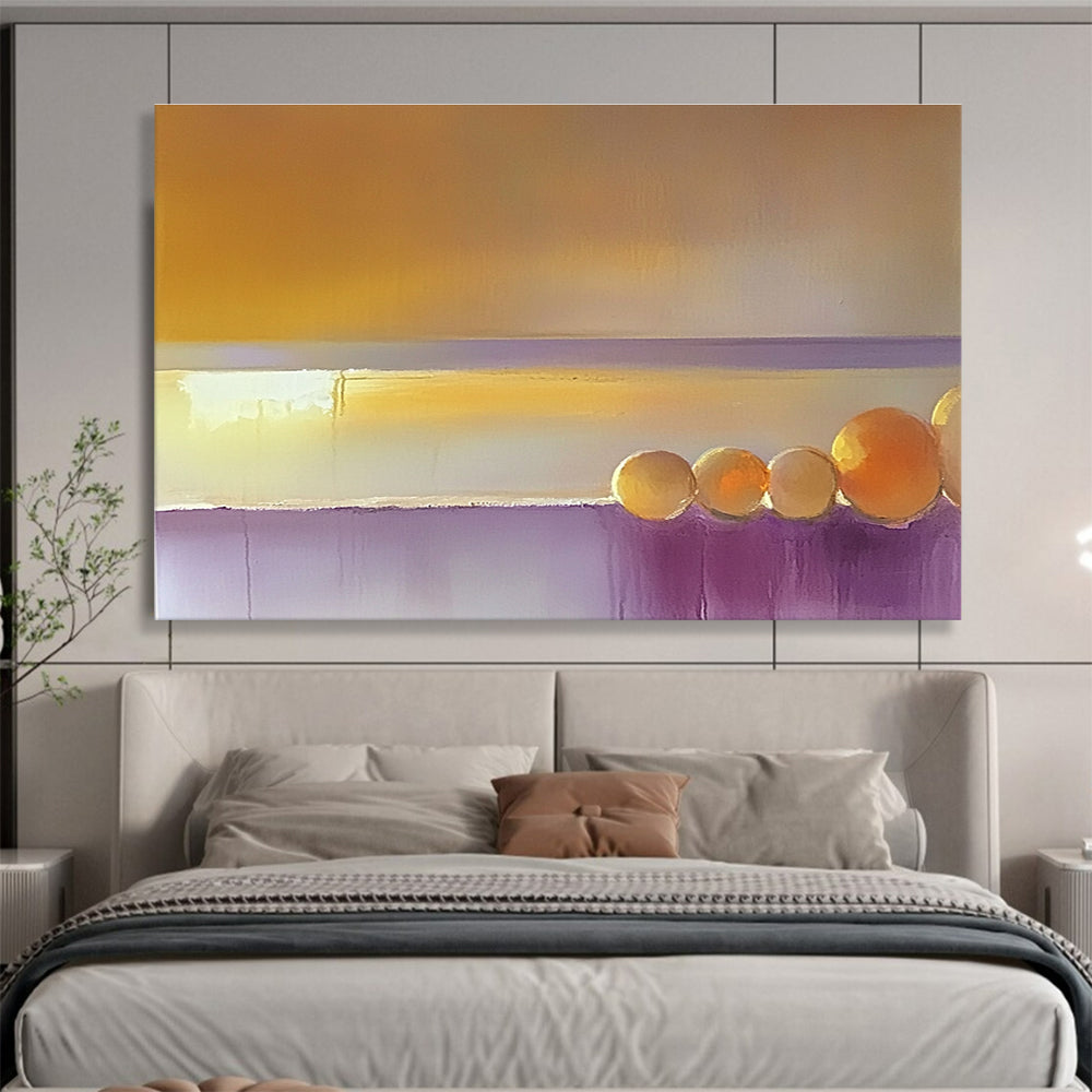 Large abstract painting of the sea featuring a muted horizon with warm yellow and orange light blending into beige and violet tones.SC202