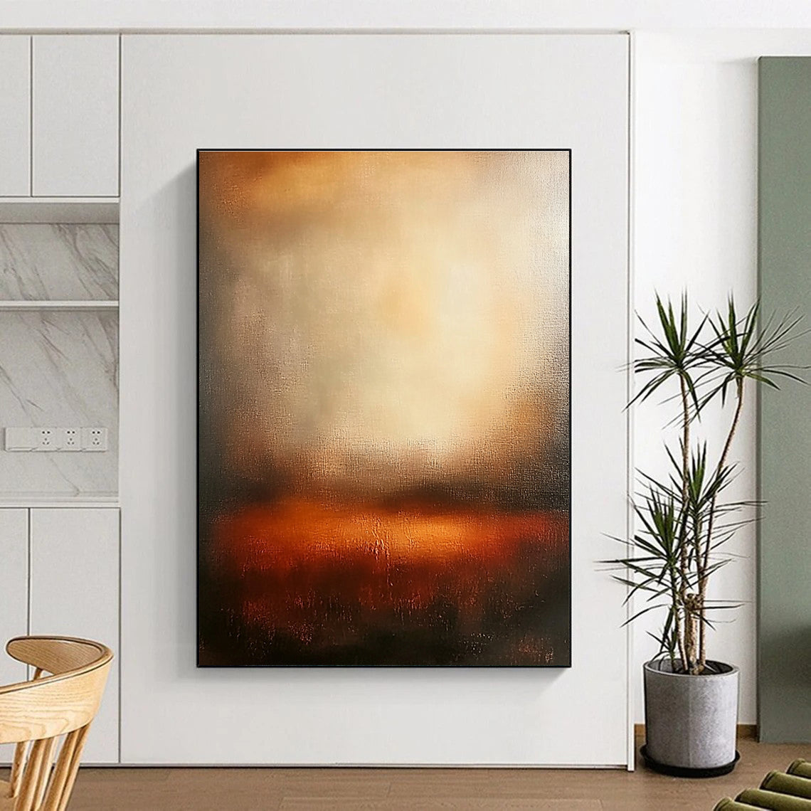 Large abstract painting featuring warm sunset colors with blurred edges and wide brush strokes evoking tranquility and emotional depth in a serene atmosphere.STSC111