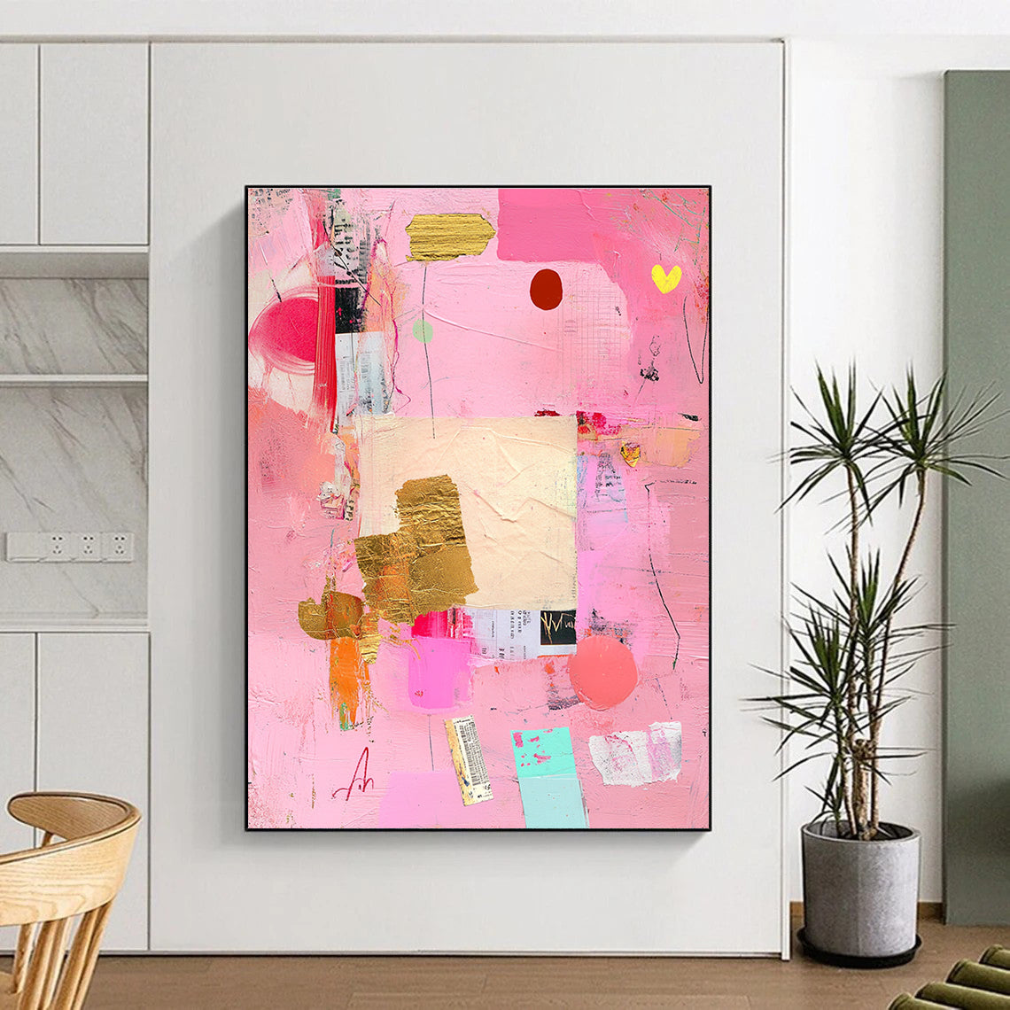 Abstract painting featuring a pink background with collage elements and soft pastel tones conveying love and romance through shapes and textures.STSC748