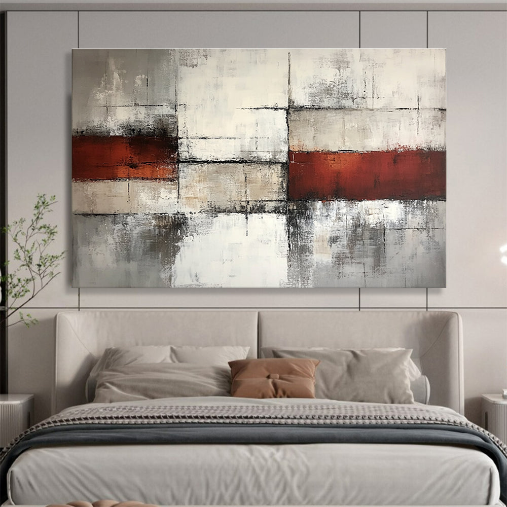 Gray Red and White Abstract Grid Painting with Distressed Textures DYP589
