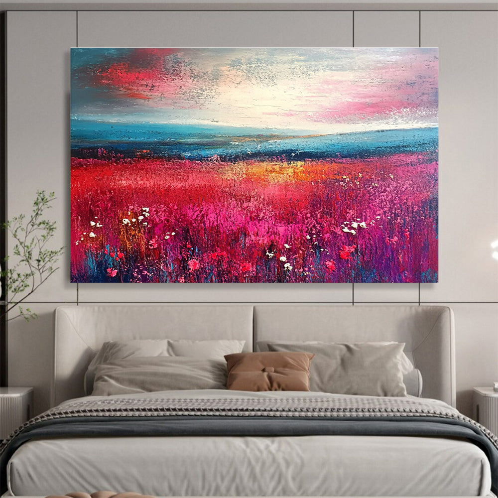 An abstract landscape featuring vibrant pink and teal brush strokes merges into a field of flowers, guiding the eye towards a distant horizon.SC314
