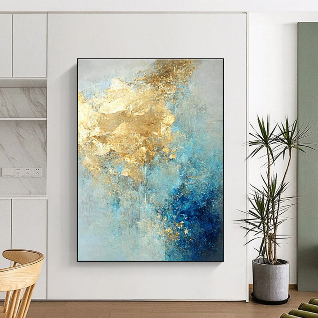 Blue and Gold Abstract Painting with Flowing Textures ADGE071