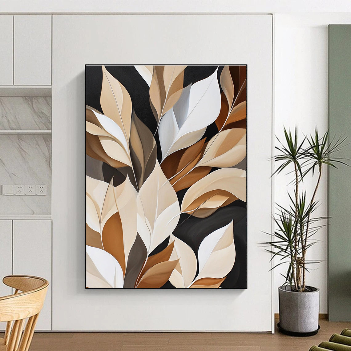 Abstract painting featuring white leaves on a rich brown and black background with geometric shapes for luxurious wall hanging.STSC367