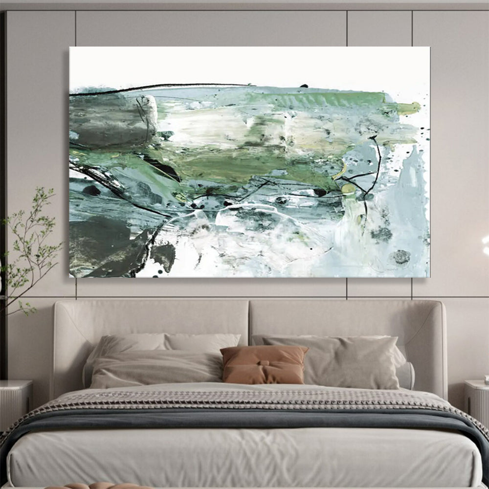 Green and Grey Abstract Painting with Textured Brushstrokes THY139