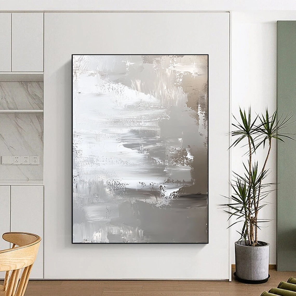 Silver and Gray Abstract Painting with Textured Layers GER420