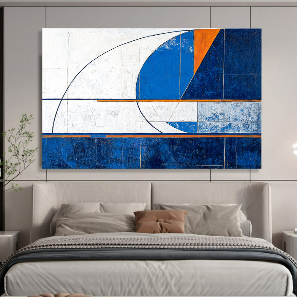 Large abstract painting featuring geometric shapes in blue and white with a modern minimalistic design and dynamic compositions.SC029