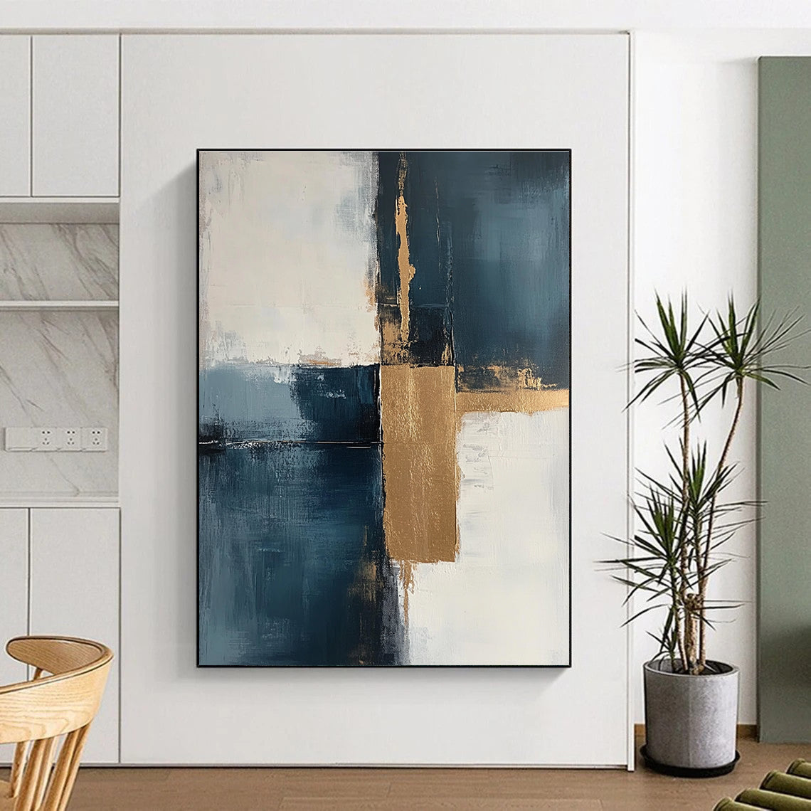 Muted Blue and Gold Abstract Painting with Understated Luxury GER377