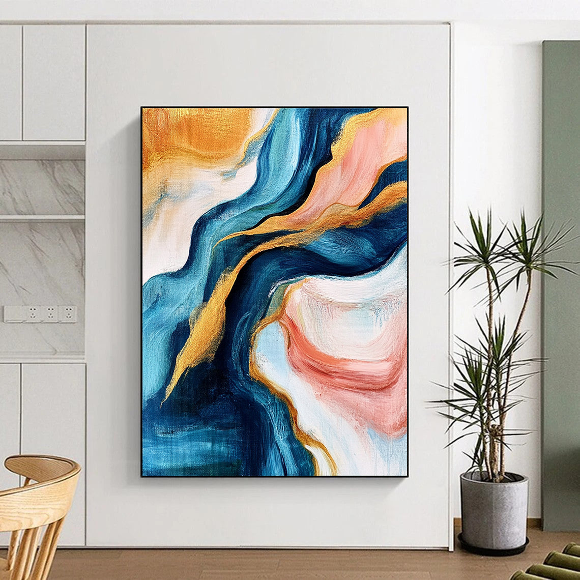 Blue and Gold Abstract Painting with Flowing Motions GER464