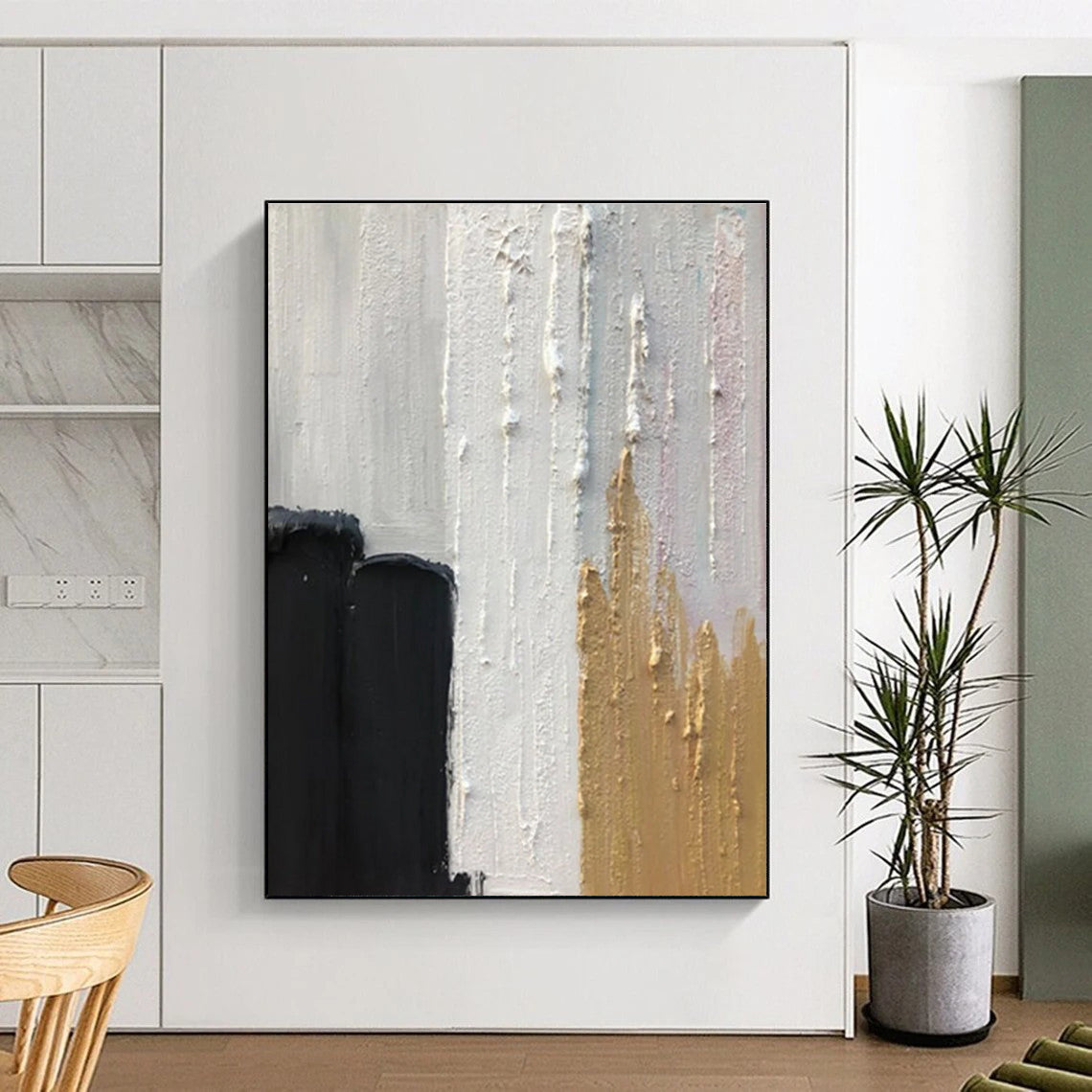 Black, White, and Gold Textured Abstract Painting with Elegant Accents ADGE397