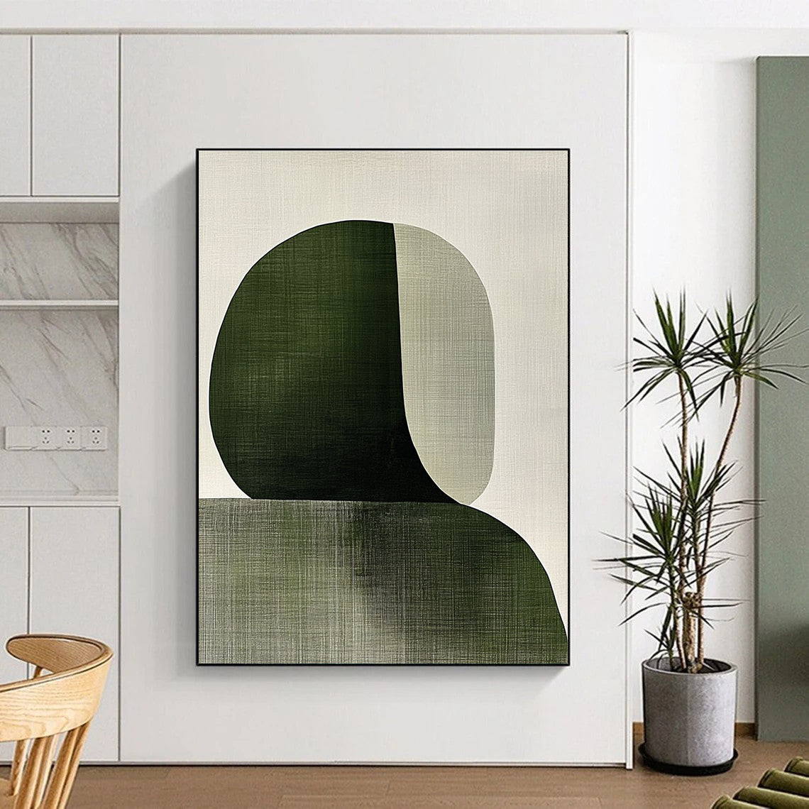 Abstract painting featuring overlapping shapes in sage green and white with visible brush strokes embodying the female form in a minimalist Japandi style.STSC1339