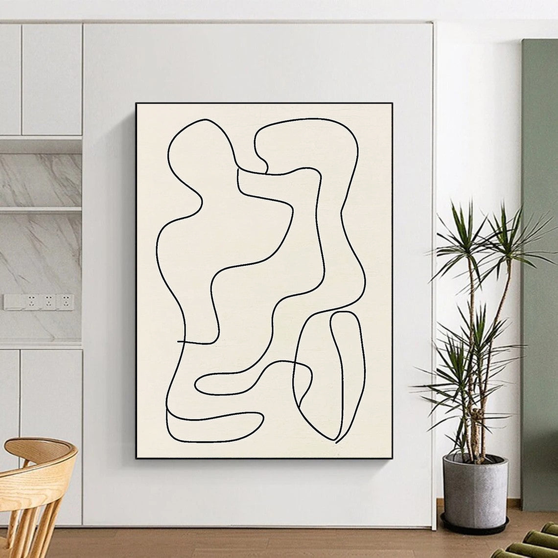 Large abstract line drawing of organic shapes in black on light gray, inspired by Matisse's minimalistic style for a striking aesthetic touch.STSC121