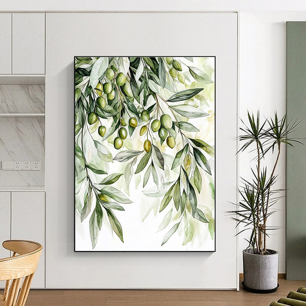 Large abstract painting featuring detailed olive tree foliage in soft greens and whites with olives creating a warm inviting atmosphere.STSC1460