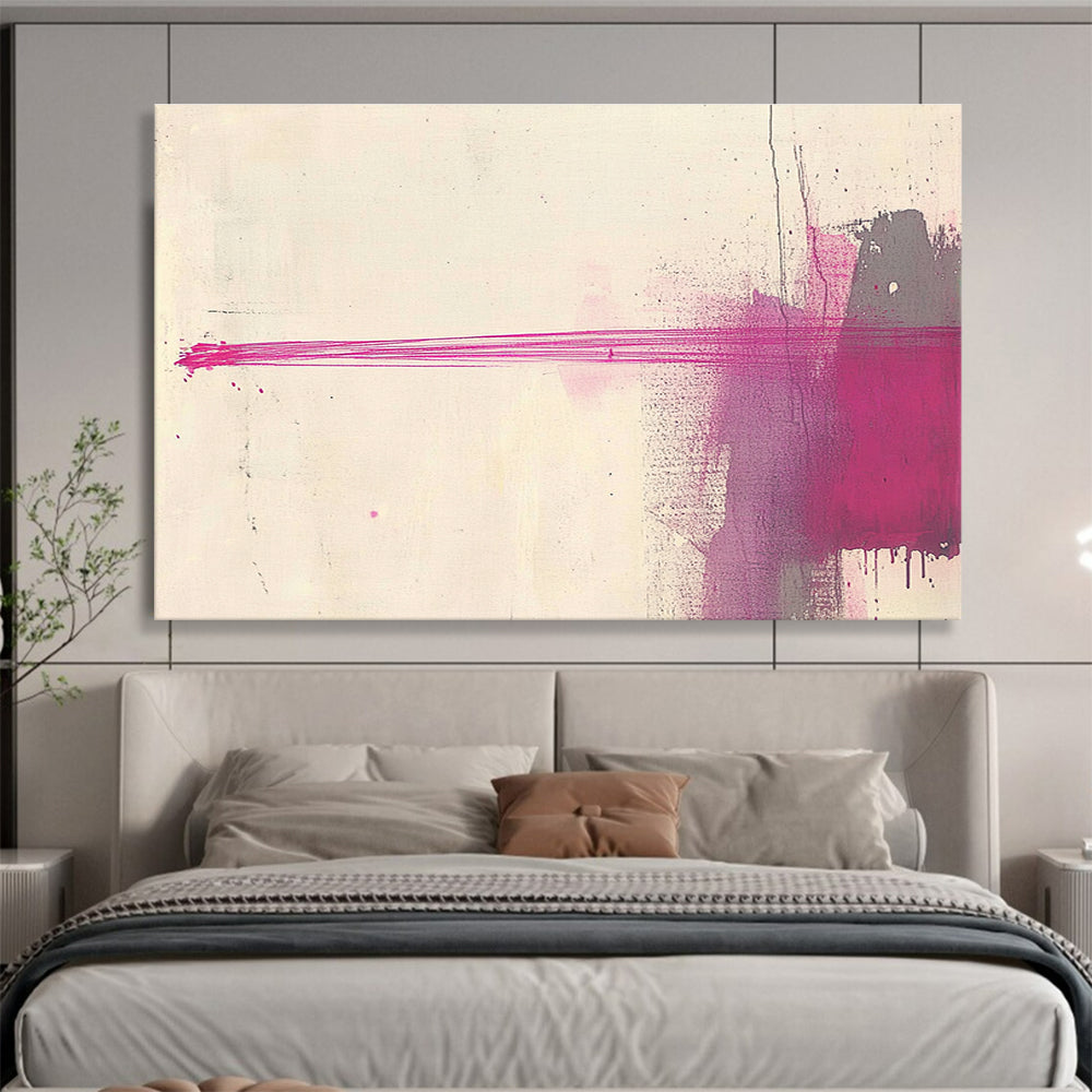 A large abstract painting featuring an elongated red line against a light beige background, creating elegance through simplicity and depth in minimalistic design.SC550
